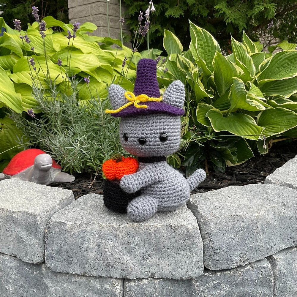 Crochet Halloween Cat with Witch Hat and Pumpkin Plush